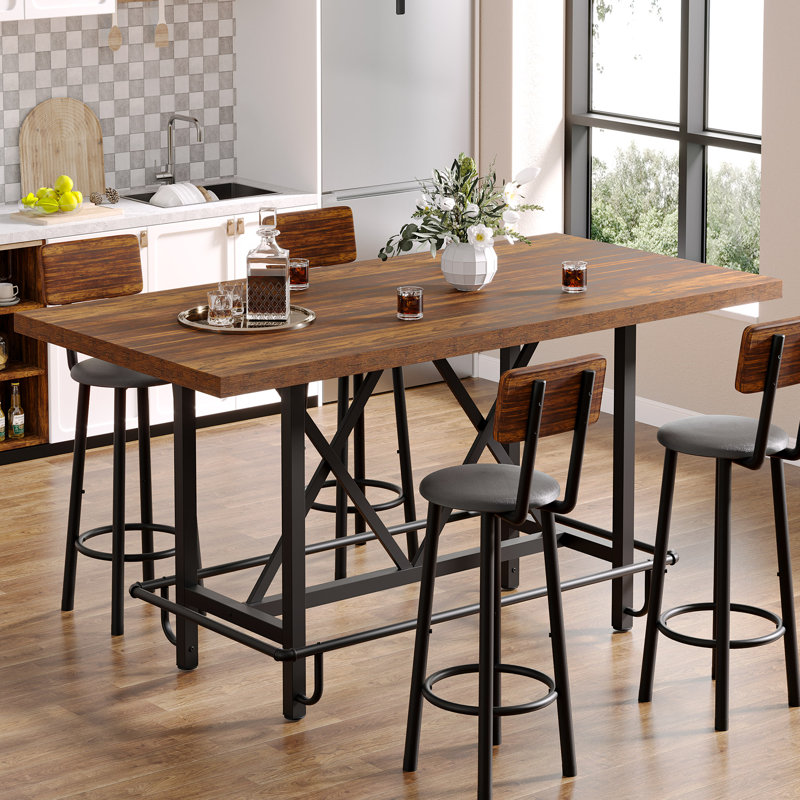 17 Stories Counter Height Bar Table, 62.99" Long Pub Bar Table With Metal Footrest For Dining ...